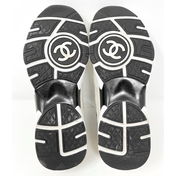 Chanel Logo Trainer Sneakers Black White Mesh Suede 39½- Style G38299 - Picture 8 of 9